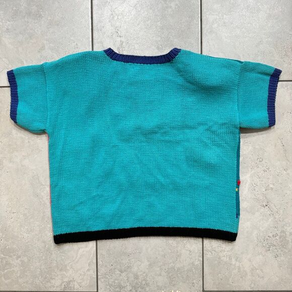 VINTAGE 80s Carole Little Colorful Floral Handknit Short Sleeve Cardigan Sz M - Picture 6 of 8